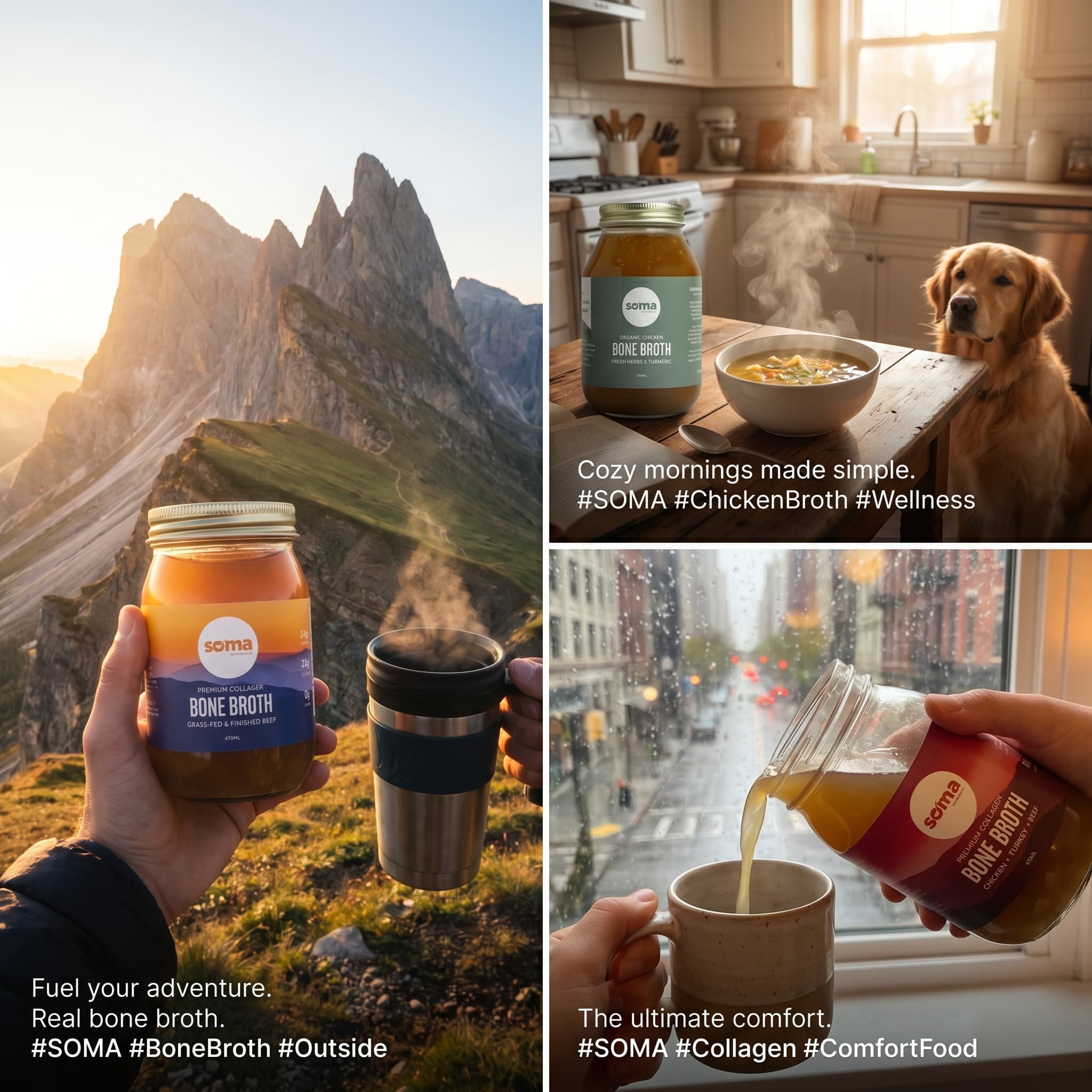 SOMA bone broth in three settings: hiking summit, cozy kitchen with dog, rainy city window