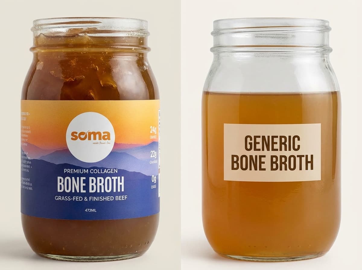 Two jars compared: SOMA Premium Collagen, gelatinous and thick. Generic bone broth, thin and clear.