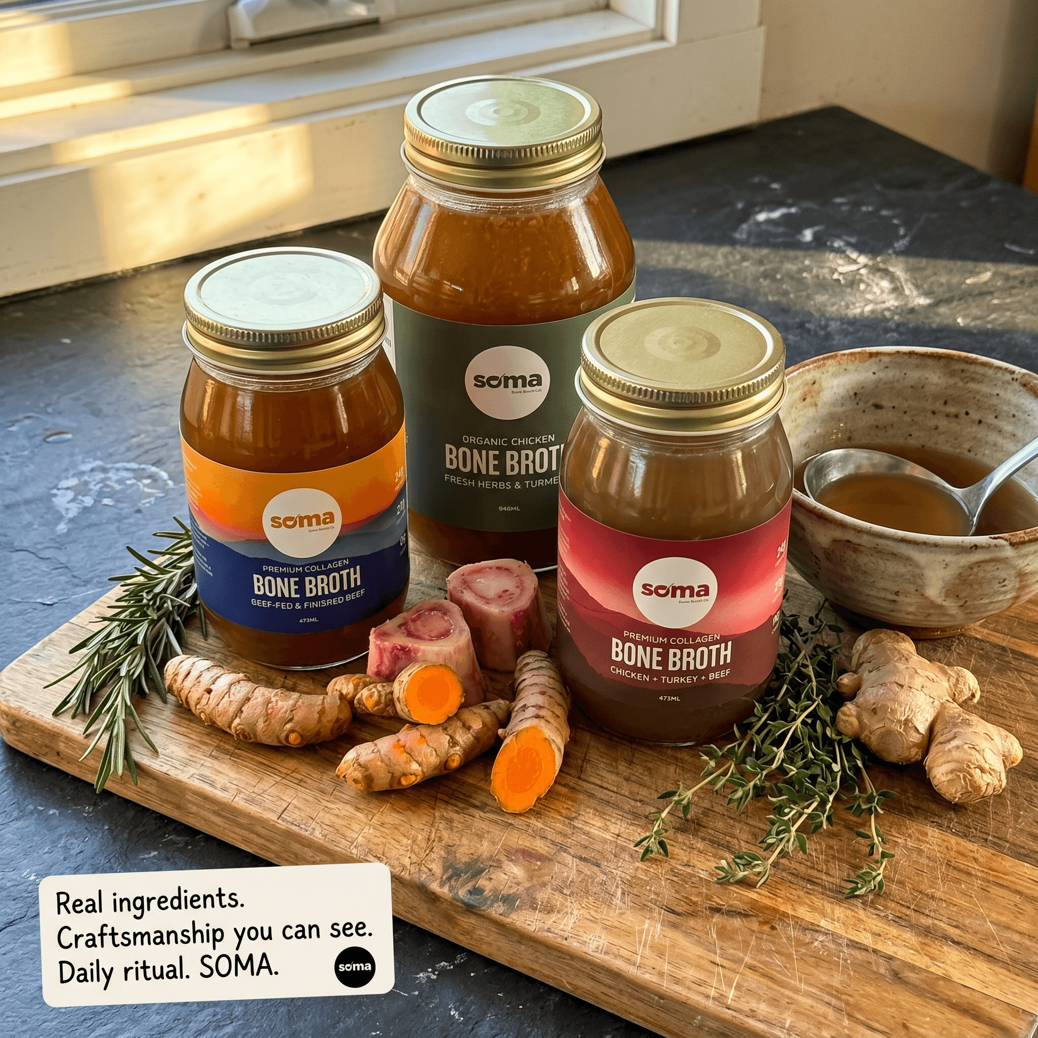 Three SOMA bone broth jars on a cutting board with rosemary, beef marrow bone, turmeric, ginger, and thyme
